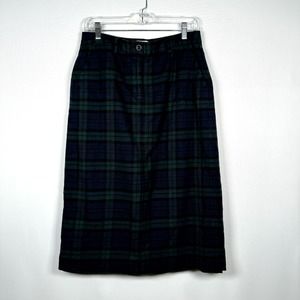 Vintage L.L. Bean Classic Fit Plaid Blue Green Cotton Midi Skirt Size 10 Petite